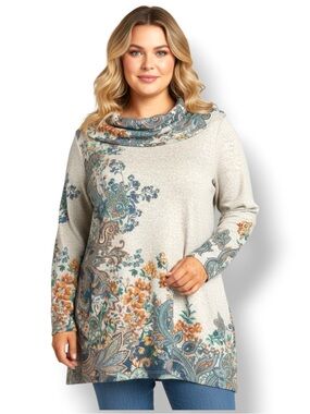 ONE WORLD Cream Cowl-Neck Tunic with Teal & Orange Paisley Floral. Women Sz XXL